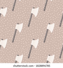 Doodle seamless pattern with medieval viking ax silhouettes. Beige background with dots. White hatchets with wood handle. Designed for fabric design, textile, wrapping, cover. Vector illustration.