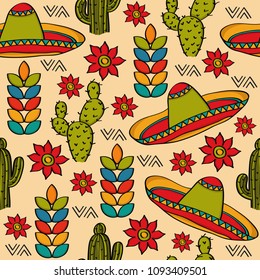 Doodle seamless pattern with mexico symbols, vector format