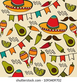 Doodle seamless pattern with mexico symbols, vector format