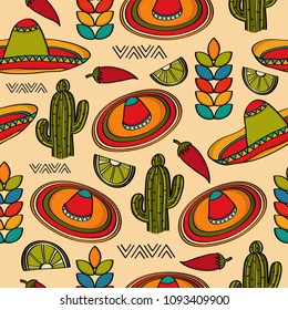 Doodle seamless pattern with mexico symbols, vector format