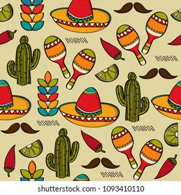 Doodle seamless pattern with mexico symbols, vector format