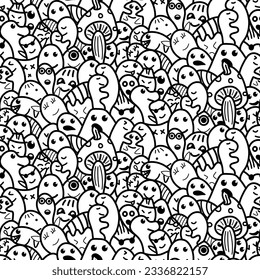Doodle seamless pattern with monster facces and mushrooms. Vector illustration. Coloring book.