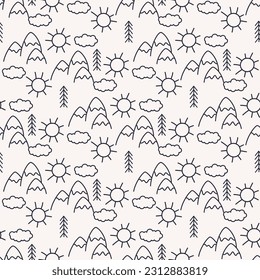 doodle seamless pattern with mountains and sun contour