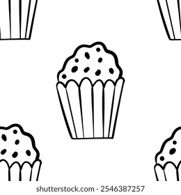 Doodle patrón sin fisuras con muffin con chips de chocolate en la parte superior dibujado a mano Vector de contorno