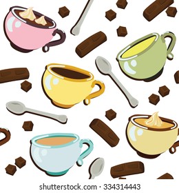 Doodle seamless pattern with mugs, spoons and chocolate. Vector background