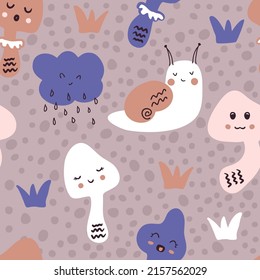 Doodle seamless pattern with mushrooms and snails on abstract textured background. Perfect for T-shirt, textile and print. Hand drawn vector illustration for decor and design.
