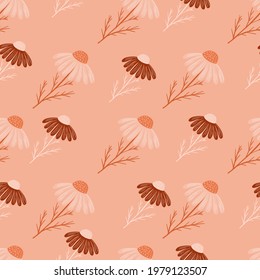 Patrón sin fisuras de garabato con elementos de flores de camomila natural. Fondo rosa pálido. Impresión de garabatos. Fondo decorativo para el diseño de tejidos, impresión textil, envoltura, cubierta. Ilustración vectorial.