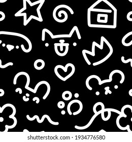 Doodle seamless pattern on black background. Vector monochrome pattern. Great for wallpaper, background, wrapping paper, fabric, packaging, greeting cards, invitations