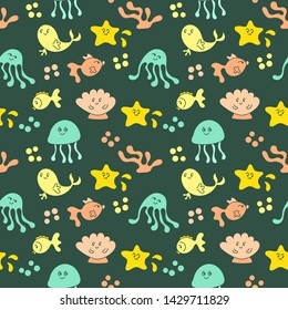 Doodle seamless pattern on dark background.Cute sea animals, underwater plants, wildlife, ocean, underwater world.  Flat drawing style, hand drawn.