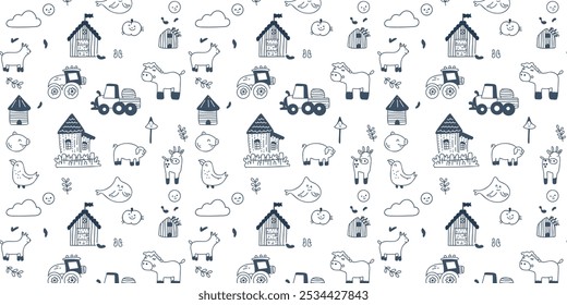 Doodle seamless pattern on a farm theme with cows, pigs, birds and barns in a colorful cartoon style