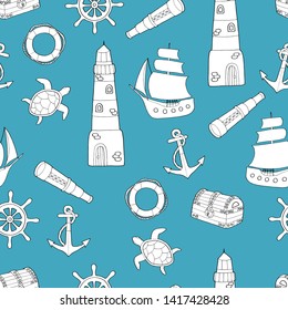 Doodle seamless pattern on marine theme: ship, lighthouse, lifeline, anchor, steering wheel, telescope, sea turtle. Coloring page for kids and adults