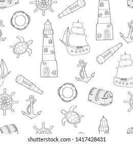 Doodle seamless pattern on marine theme: ship, lighthouse, lifeline, anchor, steering wheel, telescope, sea turtle. Coloring page for kids and adults