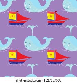 Doodle seamless pattern on the sea theme with whale and sailboat, vector illustration