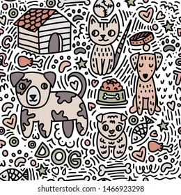 Doodle seamless pattern on the theme of the animal shelter. cat, dog, bowl for Pets, box for dogs