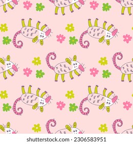 Doodle seamless pattern with opossums and daisy flowers. Perfect print for tee, textile and fabric. Floral vector illustration for decor and design.
