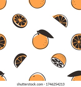 Doodle seamless pattern with orange. Hand drawn stylish fruit and vegetable. Vector artistic drawing fresh organic food. Summer illustration vegan ingrediens for smoothies