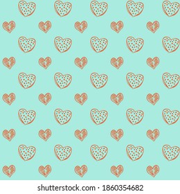 Doodle seamless pattern of orange hearts on an azure-green sea backdrop. Background for valentines, fabrics, textiles, postcards, website. Romantic Vector illustration.