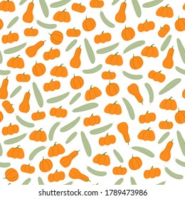 Doodle seamless pattern with orange pumpkins and grey zucchini ornament. White background. Isolated print. Perfect for wallpaper, wrapping paper, textile print, fabric. Vector illustration.