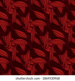 Doodle seamless pattern with outline leaves. Foliage in red color on dark burgundy background. Perfect for wallpaper, wrapping paper, textile print, fabric. Vector illustration.