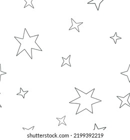 Doodle seamless pattern with outline stars. Hand drawn cosmic elements. Cute texture for childish textile, fabric, paper, coloring page. Sky, space, universe kid texture. Simple black and white vector