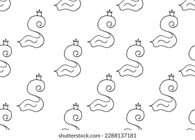 Doodle seamless pattern with outline Swan. Endless ornament with simple black hand drawn Swan with crown. Children bed linen and textile print. Vector illustration. 