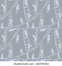 Doodle seamless pattern with people on the stairs