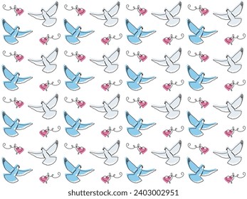 doodle seamless pattern with pigeons with a heart in their mouth, love, continuous one line art hand drawing sketch