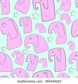 doodle seamless pattern with pink elephants