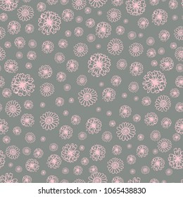 Doodle seamless pattern with pink flowers, isolated on grey background - hand drawn vector