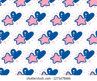 Doodle seamless pattern with pink stars and blue hearts on white background.