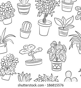 Doodle seamless pattern with plants and flowers 