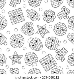 Doodle seamless pattern with popit toys. Sensory game. Cartoon kawaii characters. Coloring page. Trendy fidget toy. Black and white vector illustration.