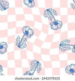 Doodle seamless pattern with poppy flower plants on distorted checkered background. Floral print for fabric, paper, textile. Hand drawn vector illustration.

