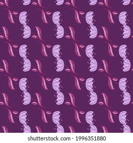 Patrón sin fisuras de garabatos con elementos de flores de amapola impresos. Impresión de estilo vectorial simple en color púrpura. Perfecto para el diseño de tela, impresión textil, envoltura, cubierta. Ilustración vectorial.