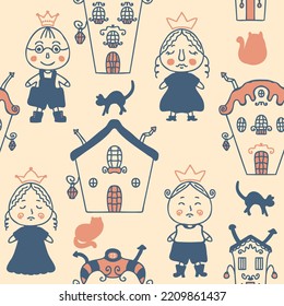 Patrón sin fisuras con príncipes, princesas y gatos. Impresión perfecta para tee, papel, tela, textil. Ilustración vectorial dibujada a mano para la decoración y el diseño.


