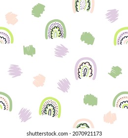Doodle seamless pattern with rainbows and abstract spots. Perfect for T-shirt, postcard, textile and print. Hand drawn vector illustration for decor and design.

