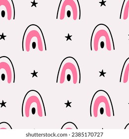Doodle seamless pattern with rainbows and stars. Cute pink endless background. Playful pinkcore design for kids, girls, woman, greeting card, fabric, textile. Repeat vector illustration