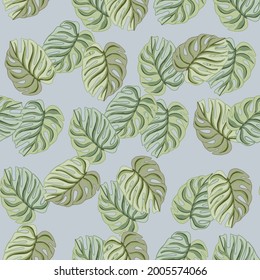 Doodle seamless pattern with random abstract green monstera silhouettes print. Blue background. Vector illustration for seasonal textile prints, fabric, banners, backdrops and wallpapers.