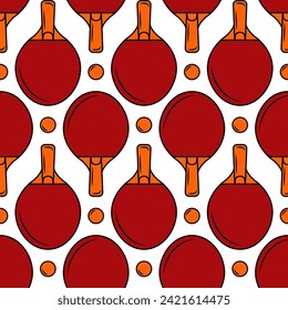 Doodle seamless pattern of red rackets and ping pong balls. Background with table tennis rackets and balls. Vector illustration.