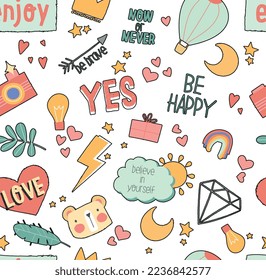 Doodle seamless pattern. Repeating design element for printing on fabric. Minimalistic shapes and stickers for social networks. Heart, zipper, diamond and envelope. Cartoon flat vector illustration