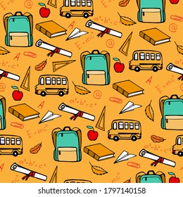 doodle seamless pattern with school bag and school bus