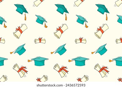 Doodle seamless pattern of school education, study and graduation. Background with sketch elements of university education, students caps, and diploma scrolls, vector hand drawn illustration