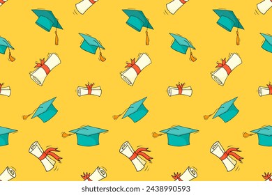 Doodle seamless pattern of school education, study and graduation. Background with sketch elements of university education, students caps, and diploma scrolls, vector hand drawn illustration