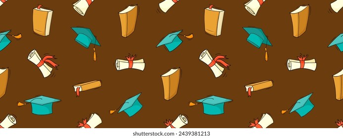 Doodle patrón sin fisuras de la educación escolar, estudio y graduación. Fondo con elementos de boceto de la educación universitaria, gorras de estudiantes, libros y pergaminos de diploma, ilustración dibujada a mano vectorial