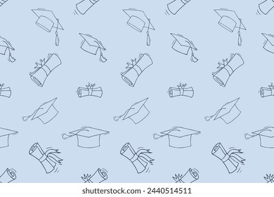 Doodle seamless pattern of school education, study and graduation. Background with sketch elements of university education, students caps, and diploma scrolls, vector hand drawn illustration