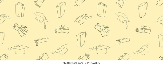 Doodle seamless pattern of school education, study and graduation. Background with sketch elements of university education, students caps, books and diploma scrolls, vector hand drawn illustration