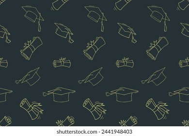 Doodle seamless pattern of school education, study and graduation. Background with sketch elements of university education, students caps and diploma scrolls, vector hand drawn illustration