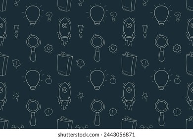 Doodle seamless pattern of school education, study and graduation. Background with sketch elements of university education, students caps, and diploma scrolls, vector hand drawn illustration