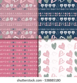 Doodle seamless pattern set with hearts