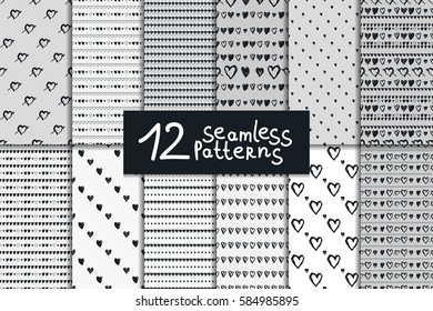 Doodle seamless pattern set with hearts